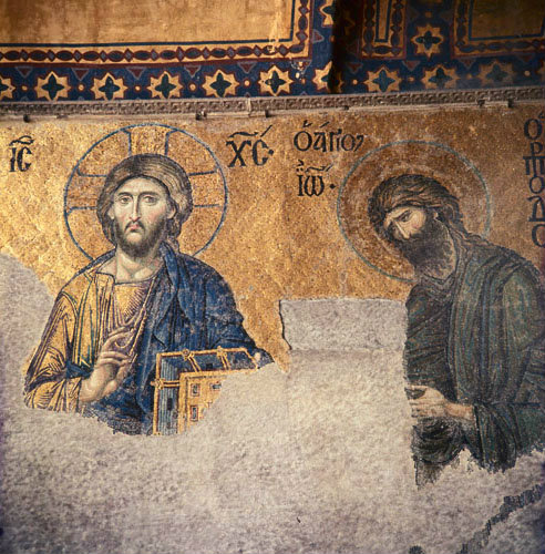 Turkey Istanbul Christ and John the Baptist 12th century mosaic in Hagia Sophia (from the Deesis)