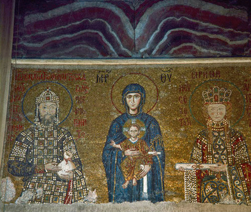 Turkey Istanbul Hagia Sophia  detail of the mosaic of the Virgin Mary, John Comnenus  and Empress Irene