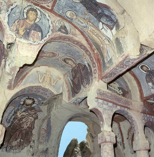 Christ Pantocrator and saints, circa 700 AD, Chapel 33, Kiliclar Kusluk, Goreme, Cappadocia, Turkey