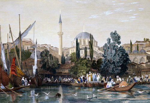 Turkey, Tophane Mosque and entrance to Pera 1840 engraving by Thomas Allom painted by Laura Lushington