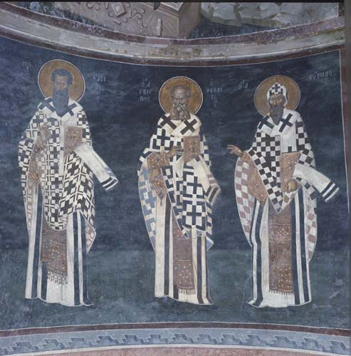 St Basil, St Gregory the Theologian, St Cyril of Alexandria, 14th century wall painting, Kariye Camii, Istanbul, Turkey