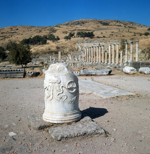 Turkey Pergamon the Asclepium  remains of a pillar with a relief of a snake