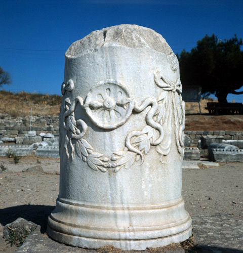 Turkey Pergamon in the Asclepium remains of a pillar with a relief of a snake