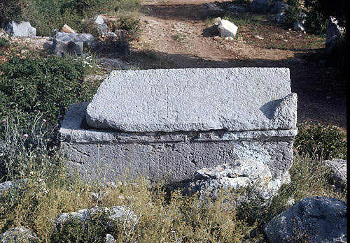Sarcophagus with seven-branched candle stick, ancient Elaiussa Sebaste, Turkey