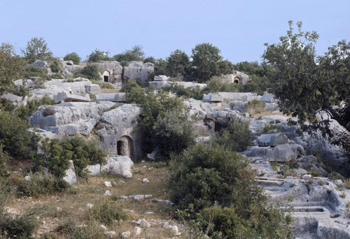 Some of hundreds of rock-cut tombs in necropolis dating from fourth and fifth centuries AD, Elaiussa Sebaste, Turkey