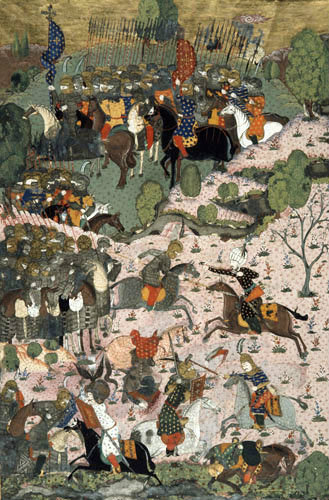 Battle scene, 16th century miniature from ms H.1517 p 219, Conquests of Suleyman, Topkapi Palace Museum, Istanbul, Turkey