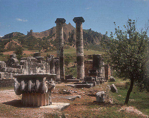 Turkey, Sardis, Temple of Artemis, marble iconic capital in the foreground 300BC
