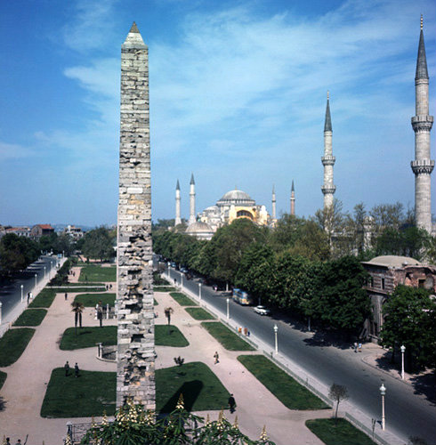 Turkey Istanbul the Hippodrome, column of Constantine VII and  Hagia Sophia in the background from the 6th century