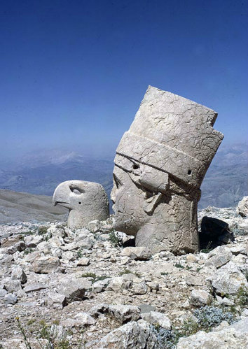 Apollo and eagle, sculpted heads in stone, circa 50 BC, west side of Nemrud Dag tomb sanctuary, south eastern Turkey