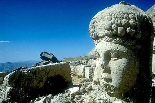 Goddess Fortuna, sculpted head in stone, circa 50 BC, west side of Nemrud Dag tomb sanctuary, south eastern Turkey