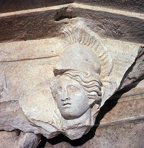 Minerva (Athena), head on lintel in second century theatre, Side, Turkey