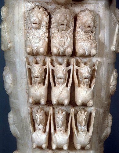 Artemis, second century, detail of lions, goats and griffons carved on lower half of sculpture now in Selcuk Museum, Ephesus, Turkey