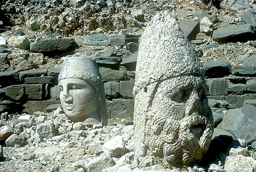 Zeus and Apollo, sculpted heads in stone, circa 50 BC, east side of Nemrud Dag tomb sanctuary, south eastern Turkey