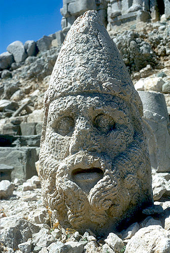 Zeus, sculpted head in stone, circa 50 BC, east side of Nemrud Dag tomb sanctuary, south eastern Turkey