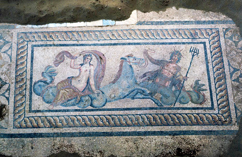 Turkey Ephesus Roman Mosaic of Amphitrite and Triton situated in the Peristyle Courtyard of one of the villas