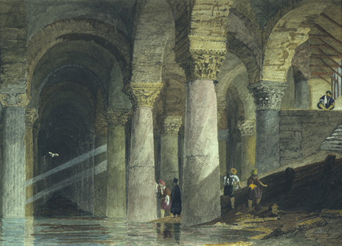 Yerebatan Sarayi, Basilica Sarnici, the sunken palace cistern, Istanbul built by Justinian around 532 AD, engraving 1840 by Thomas Allom 