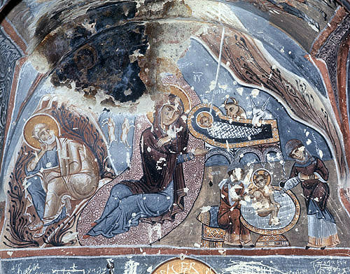 Turkey, Cappadocia, the Nativity 1200-1210 AD, mural in the rock-cut Church of Karanlik Kilise in the Goreme Valley