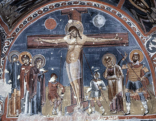 Turkey, Cappadocia, the Crucifixion 1200-1210 AD,  mural in the rock-cut Church of Karanlik Kilise in the Goreme Valley