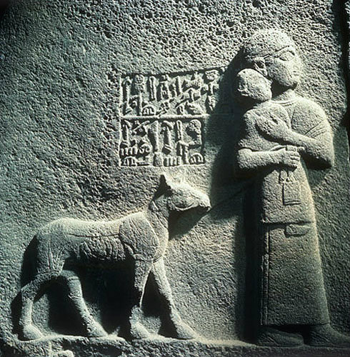 Relief of Queen Tawarisas, wife of King Araras, youngest child and goat, from Carchemish, eighth century BC, Hittite Museum, Ankara