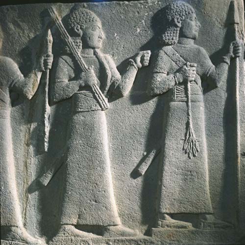 Assyrian style officers in procession, relief sculpture, 8th century BC, from Carchemish, now in Ankara Museum, Turkey