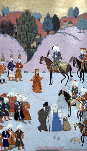 Mehmed I hunting near the river Tuna in Romania, 16th century miniature from ms H.1523, p 121A, Book of Accomplishments, Topkapi Palace Museum, Istanbul