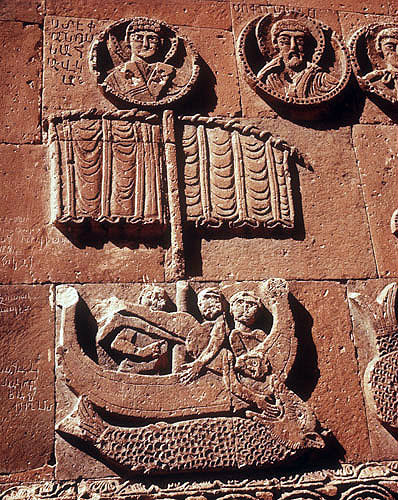 Jonah and the whale, 915-921 relief on south facade of Armenian Church on Island of Achthamar, Lake Van, Turkey