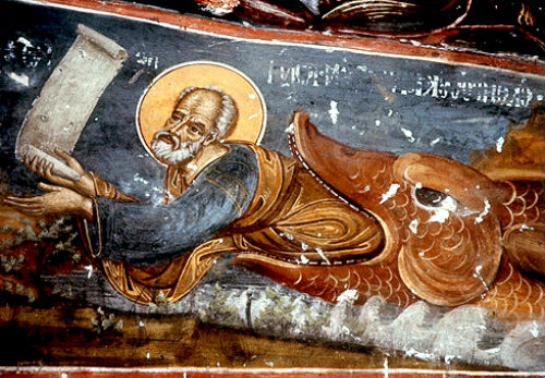 Jonah and the whale, seventeenth century painting on outer wall of church of Sumela Monastery  near Trabzon, Turkey