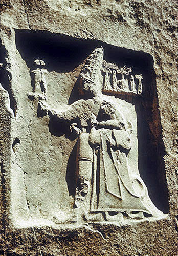 God Sharruma holding King Tudhaliya IV (1250-1220 BC), Hittite sanctuary, Yazilikaya, Turkey