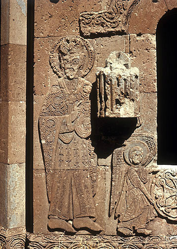 Turkey, Armenian Church on the Island of Achthamar on Lake Van, detail of King Gagik holding a model of the church 915-912 AD west facade