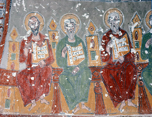Turkey, Cappadocia, Ihlara Valley, Paul, Luke and Matthew, three apostles from the Pentecost mural in Kokar Kilise the Scented Church