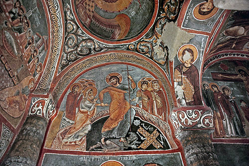 Anastasis, Christ trampling Satan and rescuing Adam and Eve, eleventh century, Karanlik Kilisesi (Dark Church), Goreme, Cappadocia, Turkey