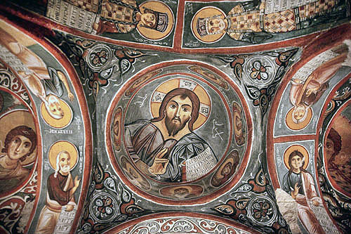 Christ Pantocrator, eleventh century, in dome of Karanlik Kilisesi (Dark Church) Goreme, Cappadocia, Turkey