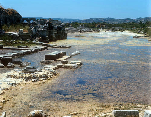 Part of agora partially submerged in weed covered water, Miletus, Turkey