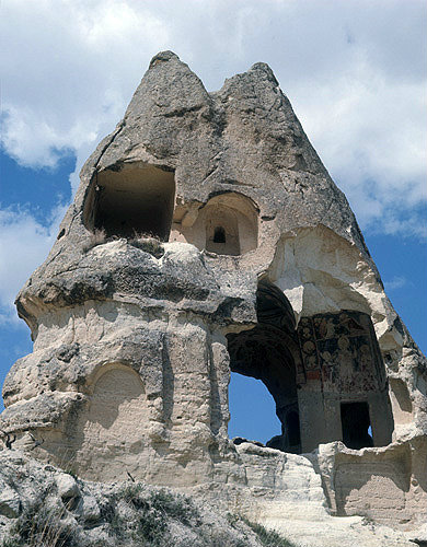 Turkey, Cappadocia, rock cut churches showing mural where tufa has fallen away,  Ninnazan el Nazar Kilise 10th century