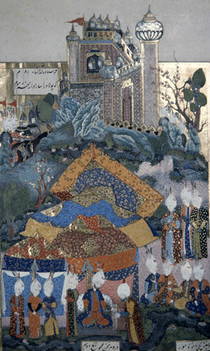 Safavid monarch receiving the Turkish ambassador, 16th century miniature from ms H.1517 p 374A, Conquests of Suleyman, Topkapi Palace Museum, Turkey