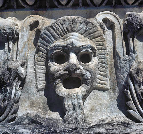 Stone mask decorating theatre, Side, Turkey