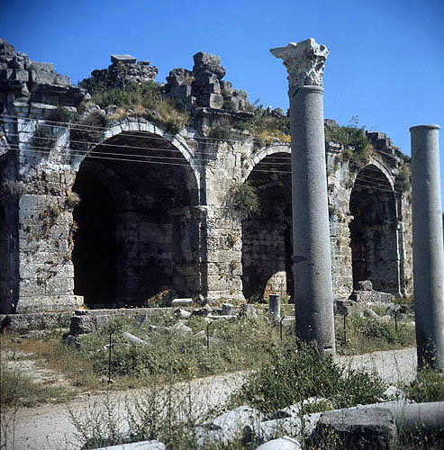 Roman theatre, second century, massive arches, Side, Turkey
