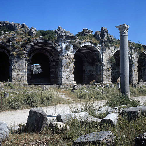 Roman theatre, second century, massive arches, Side, Turkey
