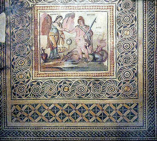Perseus, with head of Medusa, saving Andromeda from the sea monster Ketos, third century, Gaziantep, Zeugma mosaic museum, Turkey