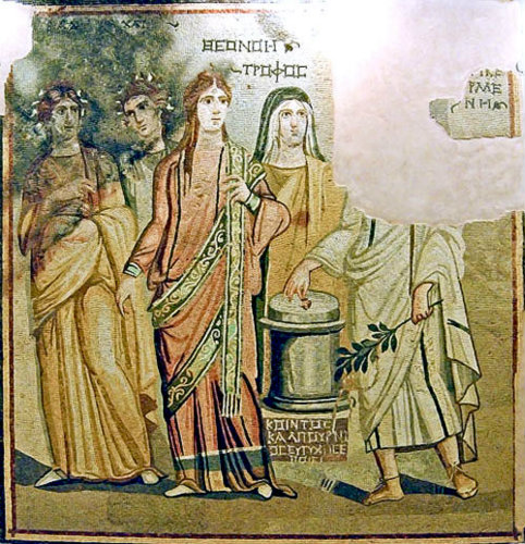 Female figures sacrificing at an altar, Theonoe daughter of Thestor, third century, Gaziantep, Zeugma mosaic museum, Turkey
