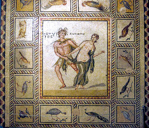 Antiope siezed by a satyr, surrounded by bird border, third century, Gaziantep, Zeugma mosaic museum, Turkey