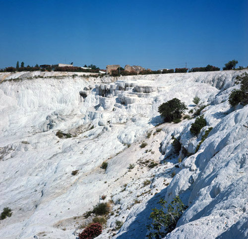 Turkey Pamukkale calcite covered slope below old Roman baths