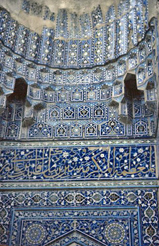 Uzbekistan, Samarkand, Shah-I-Zinda necropolis,  Shirin Biki Aka mausoleum, decorative tilework