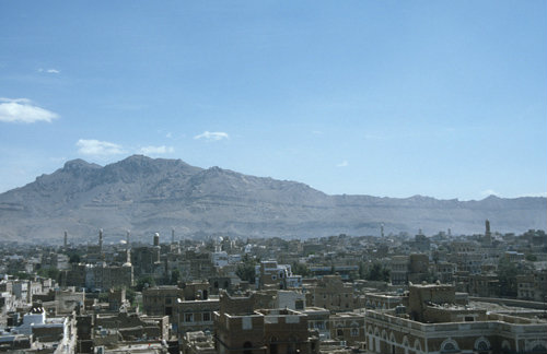 View of old city, with mountains behind, Sana