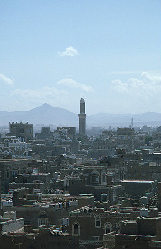 View of old city, with mountains behind, Sana
