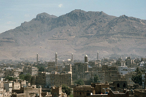 View of old city, mountains behind, Sana