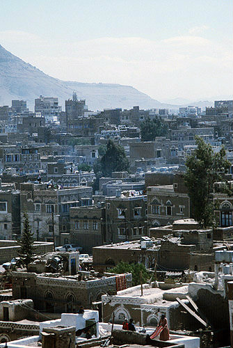 View of old city, mountains behind, Sana