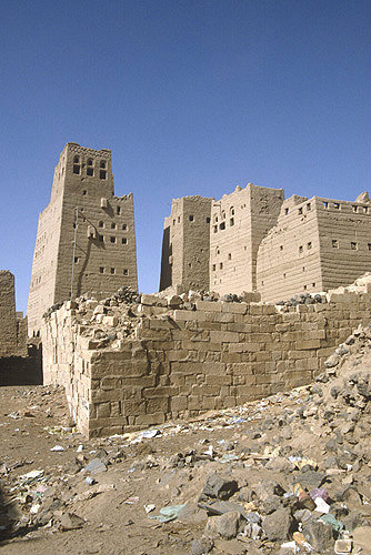 Ancient carved mud brick buildings, Yemen