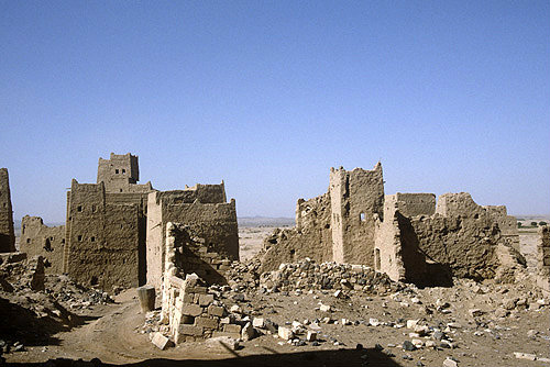 Ancient carved mud brick buildings, Yemen