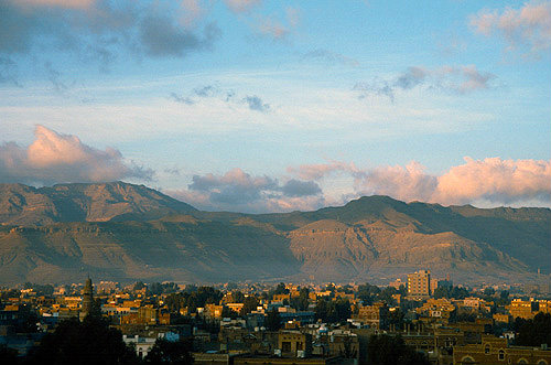 View over new city, mountains behind, Sana